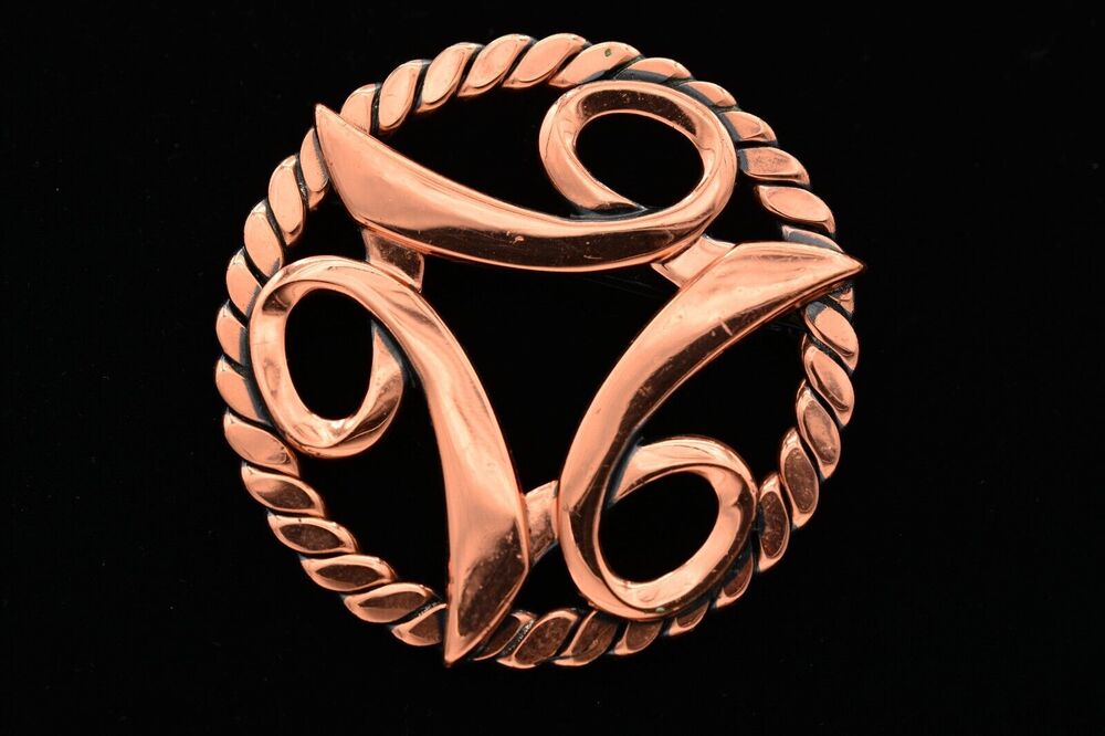Vintage Abstract Pin Brooch Large Copper Tone Metal Deco Chunky 1980s BinV